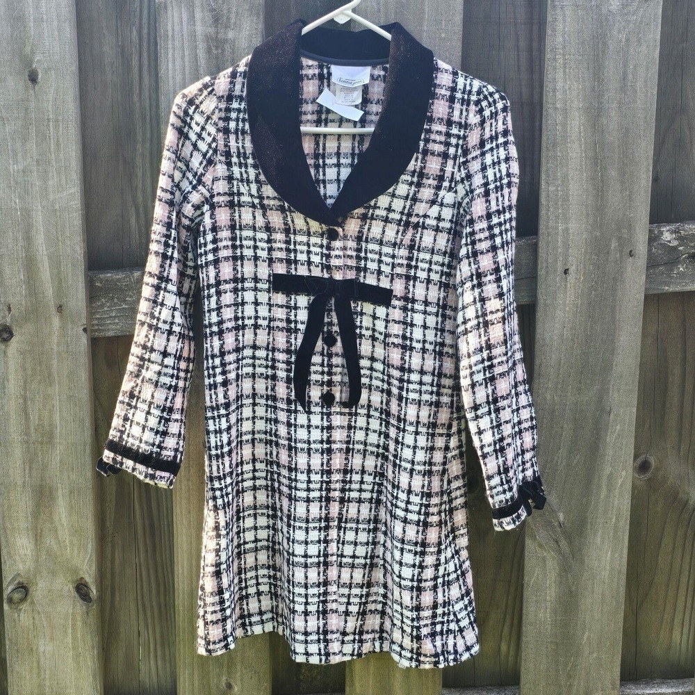 Girls Bonnie Jean Pink Black Plaid Dress Velvet Soft‎ Coat Blazer Jacket Size 12